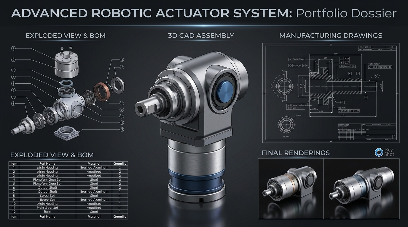 3D CAD portfolio dossier with exploded assembly drawings and KeyShot renders