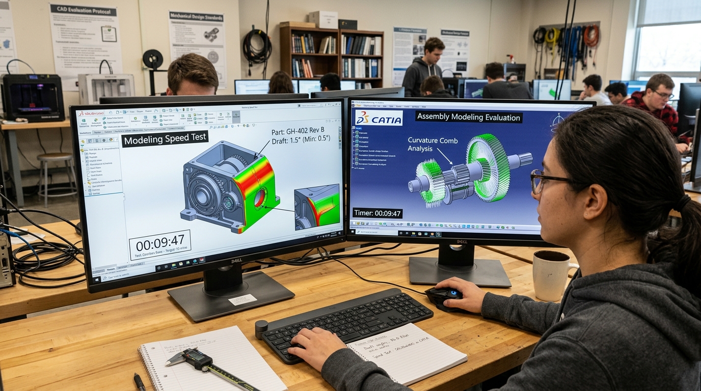 Timed CAD speed modeling test on dual-monitor workstation