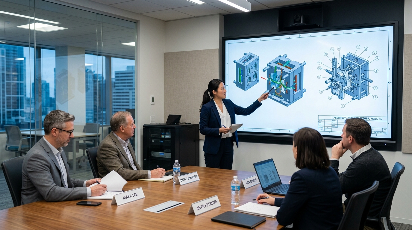 Mock engineering interview panel reviewing 3D tooling and mold designs