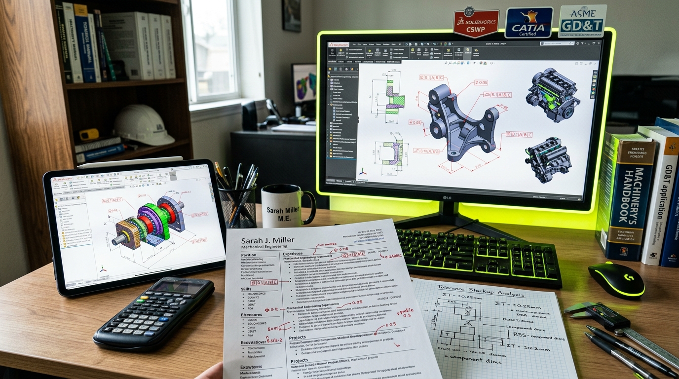 Industrial engineering resume with GD&T keywords and CAD competencies