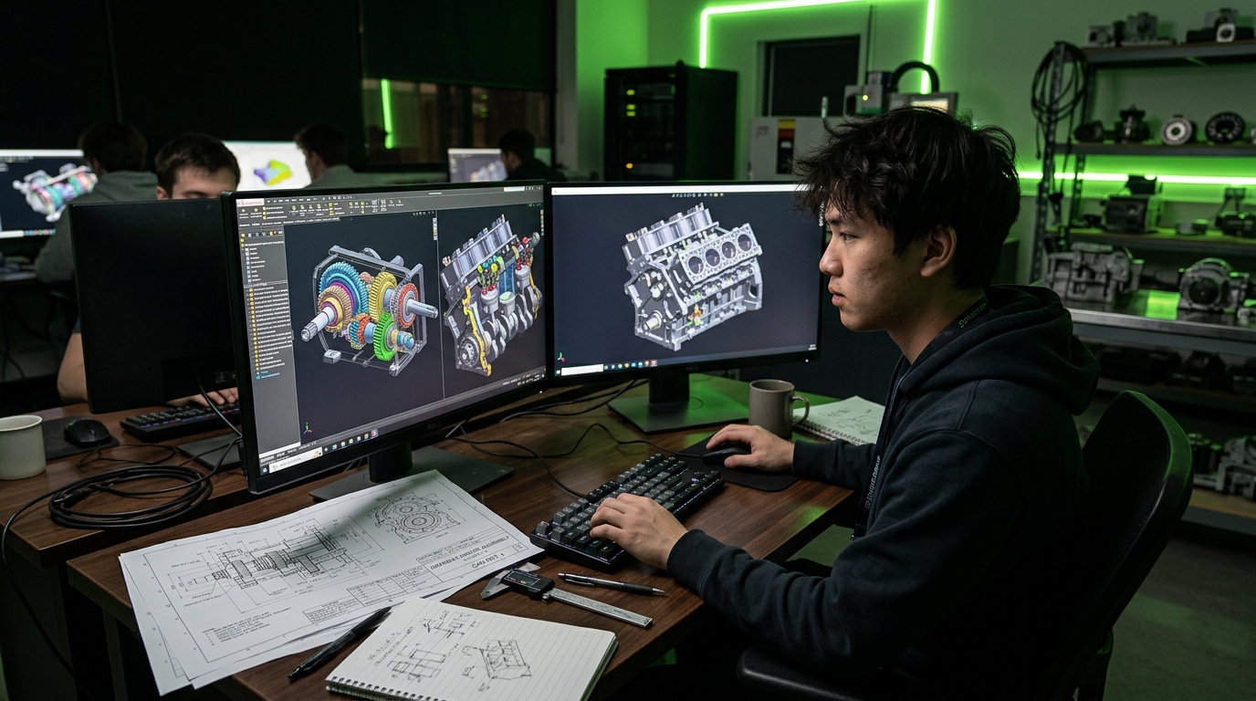 Student engineer mastering parametric 3D CAD modeling in lab
